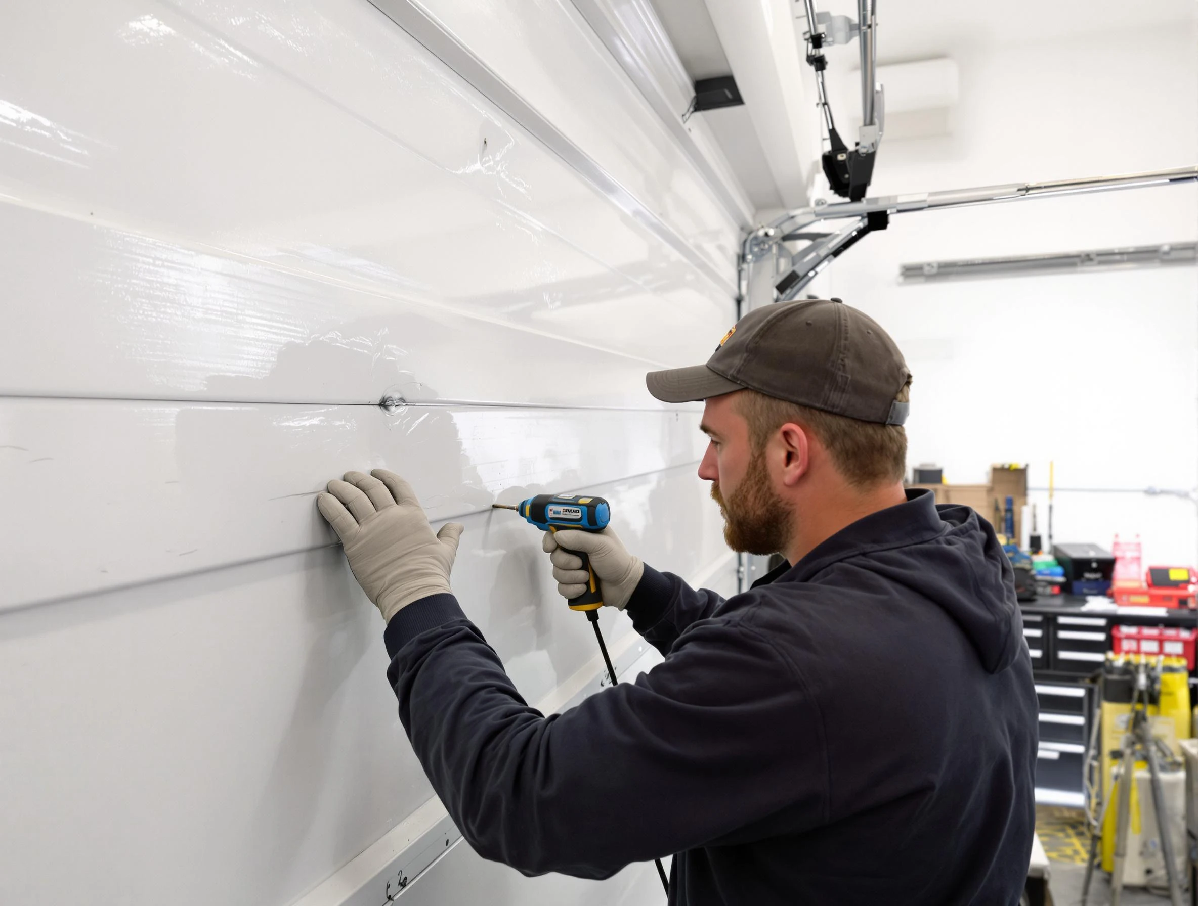 Sayreville Garage Door Repair technician demonstrating precision dent removal techniques on a Sayreville garage door